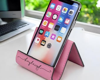 Leather phone stand for desk, personalized iphone holder, tablet stand in multiple colors. Engraved ipad gift for her, iphone stand