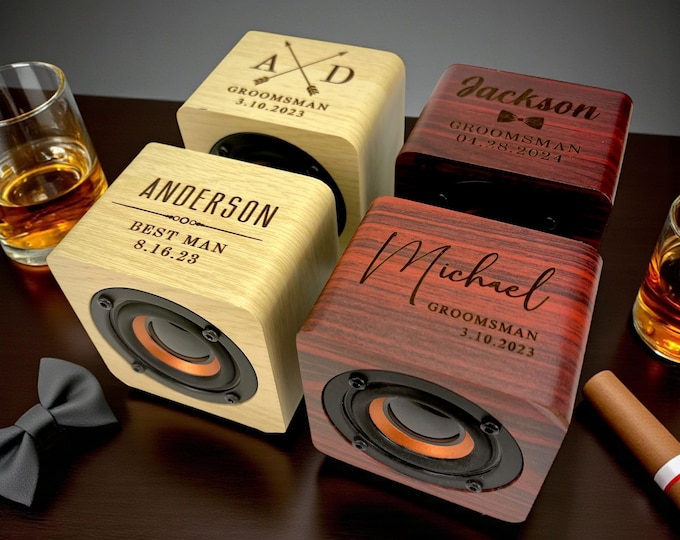 Personalized Bluetooth Speaker – Mini Wood Speaker for Groomsmen Gifts – Portable and Rechargeable Audio Gift - Custom Designs Available
