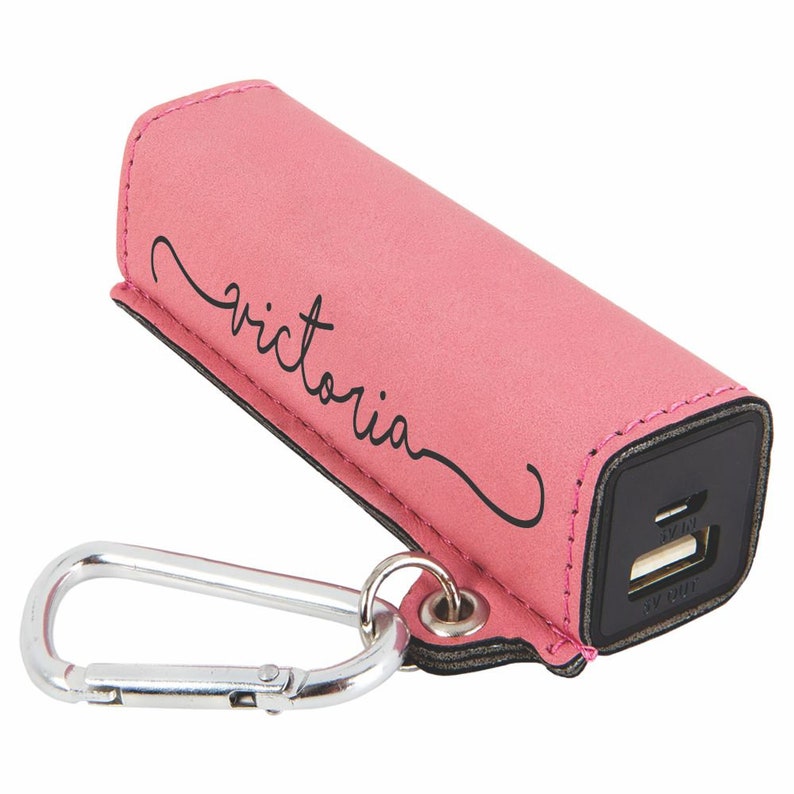Personalized Power Bank, Leather Power Bank 2200mAh, Travel Phone Charger, Battery Pack, Portable charger, Gift for him, Gift for her, Pink With Black