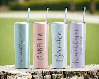 Personalized Skinny Tumbler, Bridesmaid Tumbler with Straw, Bachelorette Party, Wedding Party Gifts Beach cup, Customized bridal cup