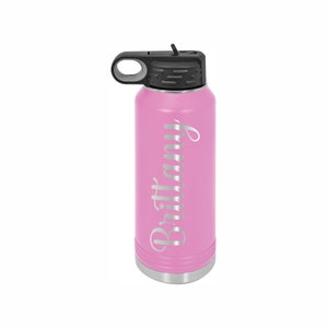 Light Purple water bottle with straw engraved with Brittany in Nora font.
