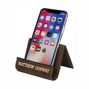 Rustic Phone Holder with Gold Name engraved.