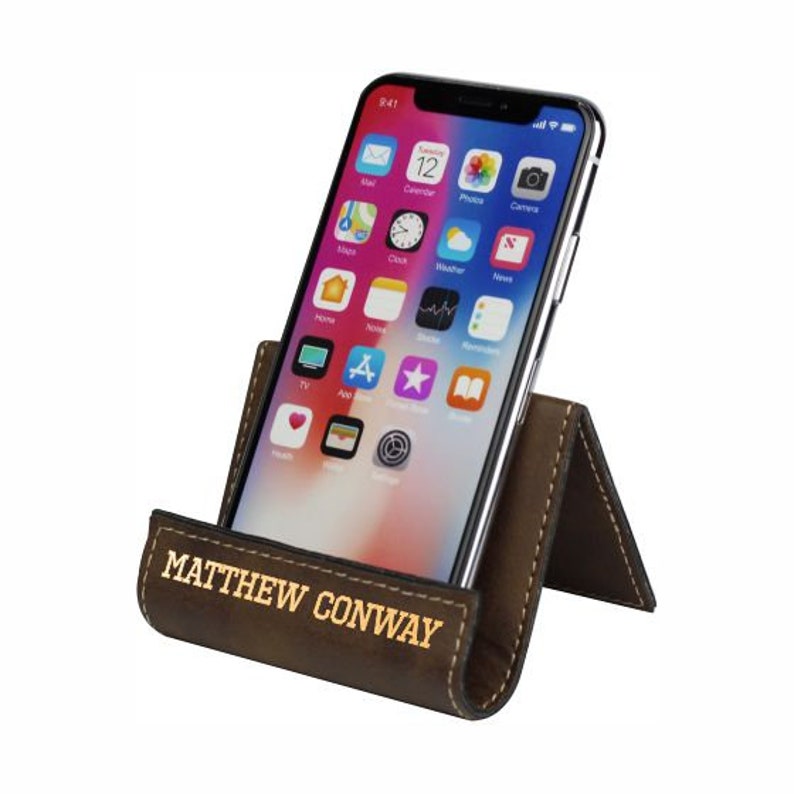 Rustic Phone Holder with Gold Name engraved.