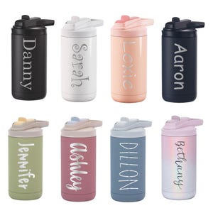 Personalized Kids Water Bottle with Straw, Back to School, 12 oz Stainless Steel Custom Laser Engraved for Boys and Girls, Summer Camp