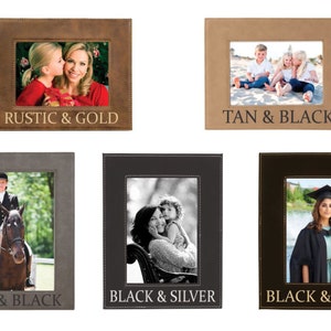 May include: Five different photo frames in various colour combinations. The frames are made of leather and have a stitched border. The frames are labelled with the colour combinations: Rustic & Gold, Tan & Black, Grey & Black, Black & Silver, and Black & Gold.
