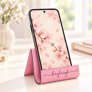 Leather phone stand for desk, personalized iphone holder, tablet stand in multiple colors. Engraved ipad gift for her, iphone stand