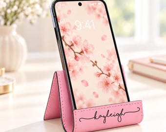 Leather phone stand for desk, personalized iphone holder, tablet stand in multiple colors. Engraved ipad gift for her, iphone stand