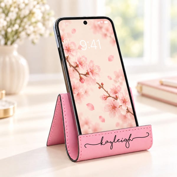 Leather phone stand for desk, personalized iphone holder, tablet stand in multiple colors. Engraved ipad gift for her, iphone stand