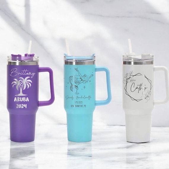 Personalized 40oz Tumbler with Handle and Straw, Custom Engraved Stainless Steel Cup, Birthday Gift for Her, Insulated Travel Tumbler