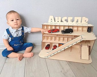 Personalized Wooden Car Garage, Montessori Toy Storage