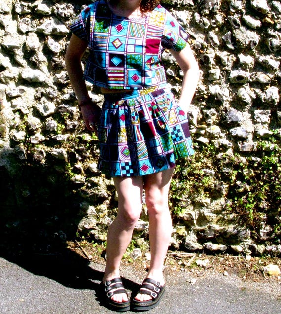 Pleated Skater Skirt Mini Skirt African Print 100% Cotton