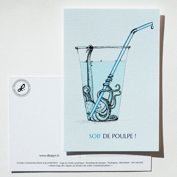 post card "soif de poulpe" french - glass thirsty blue boy