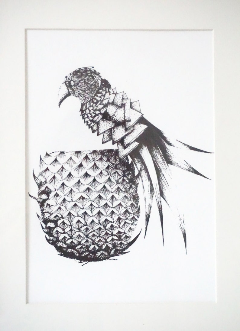 Manually serigraphy black and white PARROT pineapple image 2