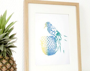 Serigraphie Unique Décoration poster fait main Perroquet ananas coconanas unique serigraphie dégradé couleur doré bleue vert fait main