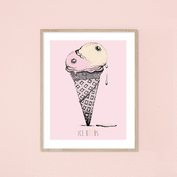 Affiche glace fraise vanille - ice boobs - seins sexy chaleur bonheur - cornet de glace