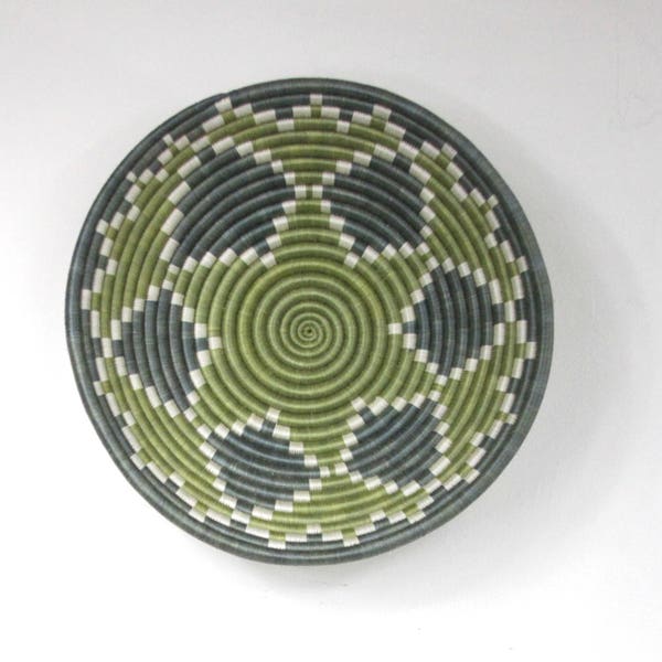 12" Rwanda African Coil Basket Bowl Wall Fruit Basket Blue Green Sweetgrass Woven Large Round Patterned Lot Vegetable Dye ~ Decades Dance