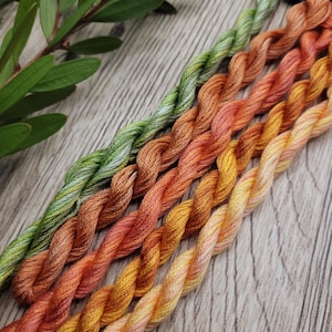 May include: Close-up of several skeins of embroidery thread in shades of green, orange, and yellow. The thread is twisted and arranged diagonally across a wooden surface, with a sprig of green leaves in the upper left corner.