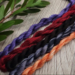 May include: A selection of embroidery threads in various colours, including purple, red, black, blue, and orange. The threads are arranged diagonally on a wooden surface, with a sprig of green leaves in the top left. The floss is new and unused.