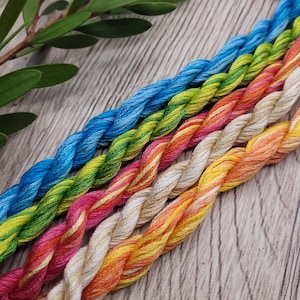 May include: Close-up of vibrant embroidery threads in blue, green, pink, orange, and yellow. The threads are twisted, creating a textured effect. A sprig of green leaves is in the upper left corner. The floss is on a wooden surface.