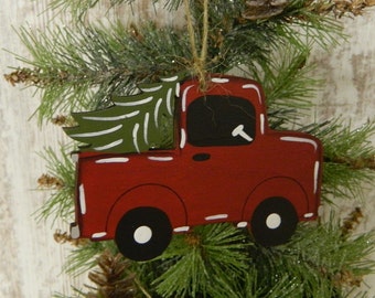 Vintage Truck Wooden Ornament, Red Truck Ornament, Farmhouse Christmas, Christmas Tree Ornament