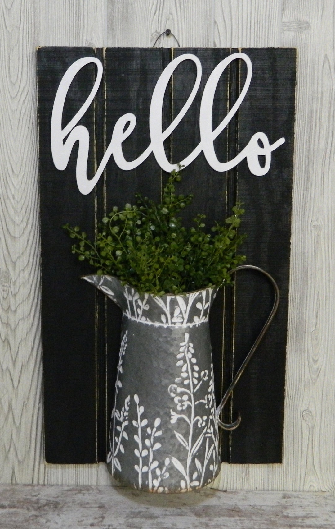 Hello Sign/wall Hanging/farmhouse Decor/galvanized Container/pitcher