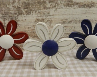 Set of Three- Wood Flowers/Red White Blue/Patriotic/4th Of July/Independence Day/Flowers/Shelf Sitters