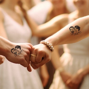 Make your celebration unforgettable with custom temporary tattoos featuring portraits of a young couple. A unique gift for guests and a fun addition to any event.