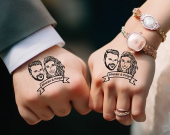 Tatouages temporaires personnalisés, Cadeau pour la mariée, Cadeaux de mariage pour une invitée, Fête de fiançailles, Tatouages de mariage personnalisés, Portrait dessiné à la main