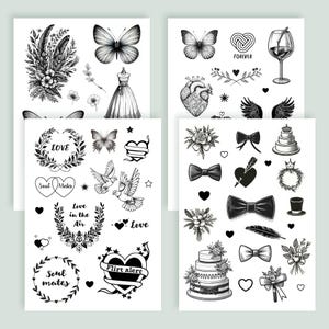 Tijdelijke bruilofttattoos - set van 4 × A6-vellen, leuke bedankjes met vlinders, bloemen en harten, tatoeage trouwbedankjes, bruidstatoeages
