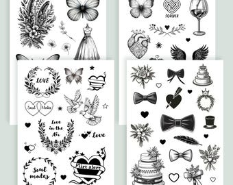 Pack de tatuajes temporales para boda: corazones románticos, mariposas y frases de amor. Ideal como recuerdo para despedida de soltera o fiesta prenupcial. Regalos bohemios para invitados.