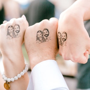 Couple portrait tattoo, Custom Temporary Tattoos, Wedding Bride gift, Wedding favors for guest, Engagement Party, Wedding tattoo, Hand-Drawn image 1