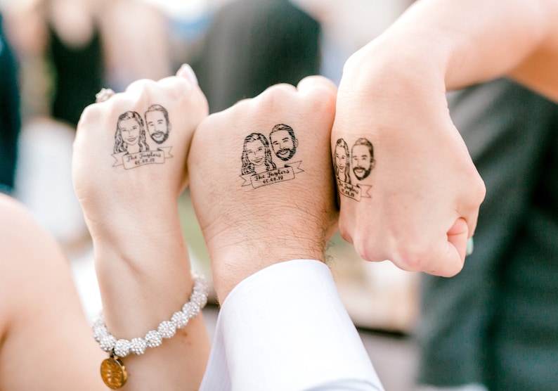 Couple portrait tattoo, Custom Temporary Tattoos, Wedding Bride gift, Wedding favors for guest, Engagement Party, Wedding tattoo, Hand-Drawn image 1