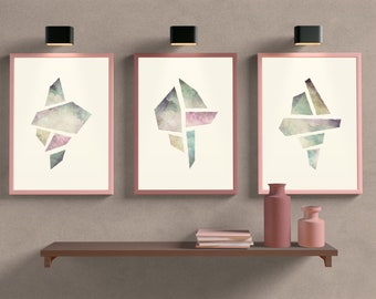 Watercolor minimalist stones, Diamond illustrations, Crystals print, Stone wall art, Minimalist print, Painting large neutral wall art