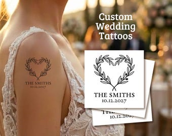 Tatuajes temporales de boda personalizados: corazón con nombre y fecha personalizados, elegante recuerdo de tatuajes de boda