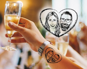 Hand-Drawn Bride & Groom Tattoos, Custom Couple Portrait Temporary Tattoos, Wedding Heart Favors, Romantic Guest Gifts, Unique Keepsake