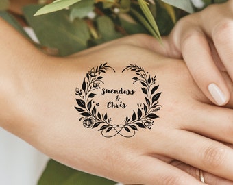 Custom Wedding Temporary Tattoos, Personalized Floral Guest Favors, Name & Date Tattoos for Engagement Party, Wedding Activity, Bride Gift