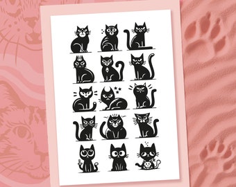 Tatuaje temporal con retrato de gato, gatos kawaii divertidos, hoja A5