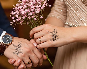 Tatuaje temporal floral personalizado para boda: Nombres de la novia y el novio
