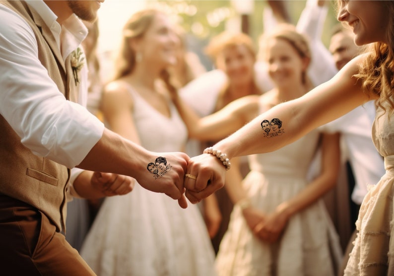 Make your celebration unforgettable with custom temporary tattoos featuring portraits of a young couple. A unique gift for guests and a fun addition to any event.