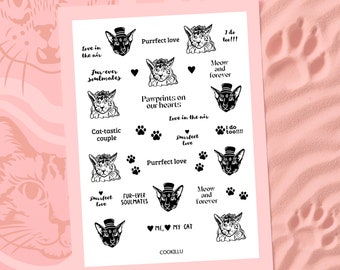 Wedding Cat Temporary Tattoos - Bride & Groom Cat Favors - Bridal Shower Bachelorette Hen Party Fun Guest Gifts (A5 Sheet)