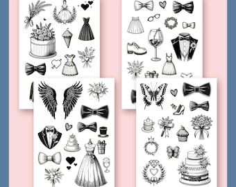 Juego de tatuajes para bodas con pajaritas, alas, pasteles, ramos, vestidos y corazones: 4 hojas A6 para tatuajes de invitados, fotomatón o recuerdos de fiesta.