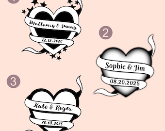 Tatuajes temporales personalizados para bodas - Recuerdos con forma de corazón con nombre y fecha - Regalos para invitadas a la despedida de soltera