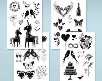Set de tatuajes temporales minimalistas para bodas: divertidos recuerdos para invitados (4 hojas A6)