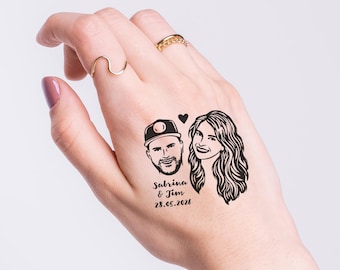 Tatuajes temporales personalizados para bodas con retrato de pareja / Nombres de los novios y fecha / Recuerdos de boda personalizados para los invitados