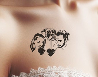 Paar- und Hundeporträt-Tattoo, individuelles temporäres Tattoo, Brautgeschenk, Hochzeitsgeschenke für Gäste, personalisiertes Geschenk, individuelles Hochzeitstattoo,