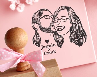 Sello de retrato de pareja personalizado: regalo de boda personalizado, sello de goma de madera para novios, aniversario o compromiso.
