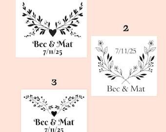 Tatuaje temporal boda personalizado con nombres y fecha – diseño elegante ramas florales, recuerdo boda, regalo despedida soltera