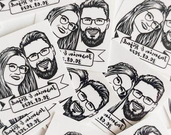 Tatuajes temporales personalizados con retratos de pareja - Recuerdos de boda personalizados con nombres y fecha - Regalos de lujo para invitados dibujados a mano