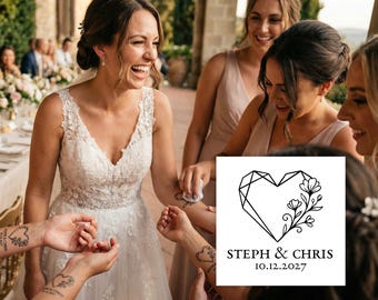 Tatuajes temporales de boda personalizados para invitados, diseño floral de corazón personalizado, nombres y fecha, elegante recuerdo de boda.