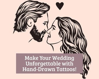 Custom Hand-Drawn Couple Portrait Temporary Tattoos, Personalized Wedding Favors, Personalized Guest Gifts